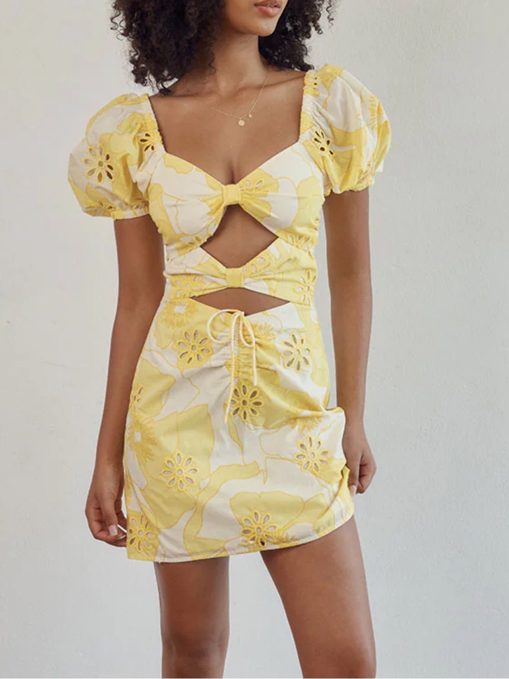 Yellow Floral Cutout Puff-Sleeve Mini Dress - Women